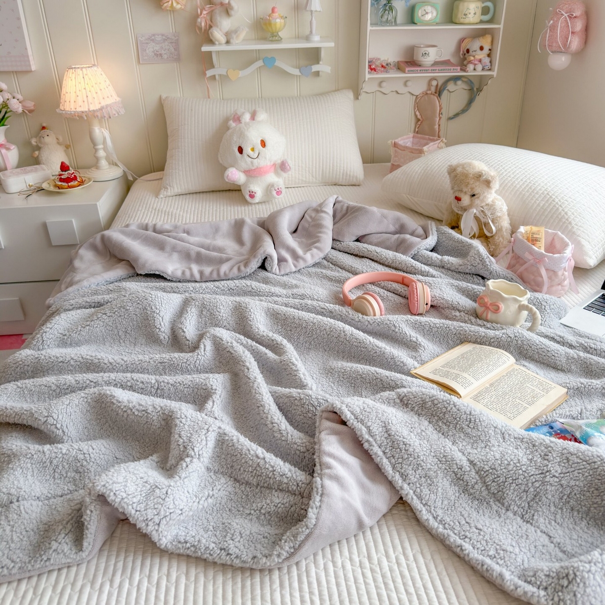 91家纺网 家纺一手货源 找家纺 顾里家纺 2025新款韩系糯叽叽纯色羊羔绒毯毯子 淡雾灰