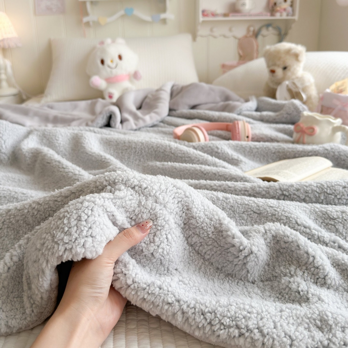 91家纺网 家纺一手货源 找家纺 顾里家纺 2025新款韩系糯叽叽纯色羊羔绒毯毯子 淡雾灰