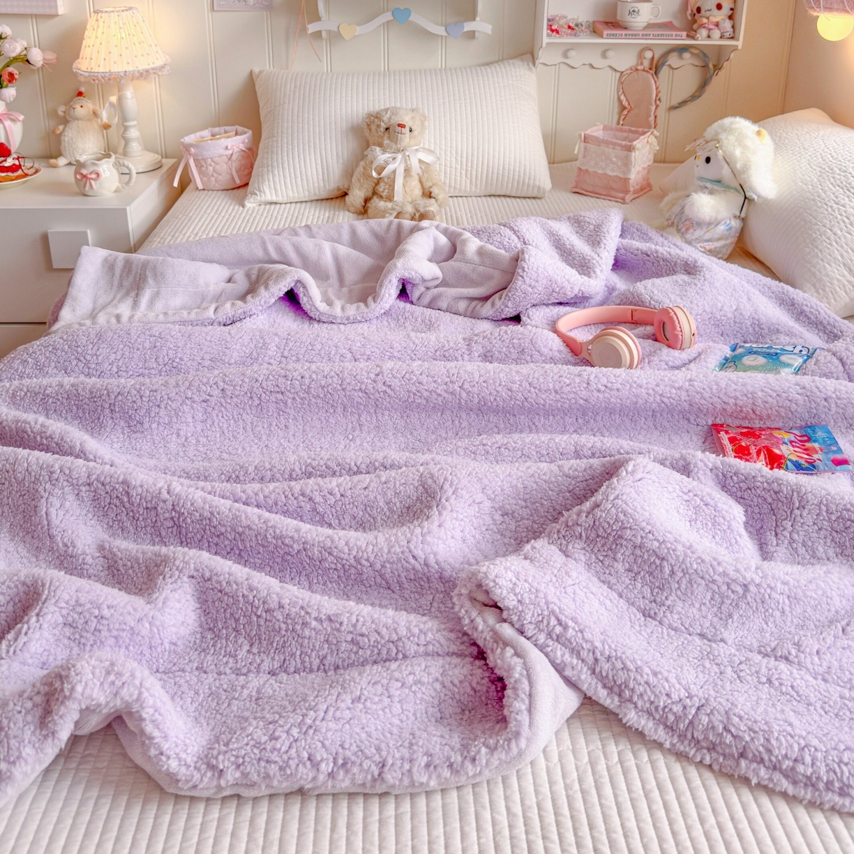 91家纺网 家纺一手货源 找家纺 顾里家纺 2025新款韩系糯叽叽纯色羊羔绒毯毯子 葡萄紫