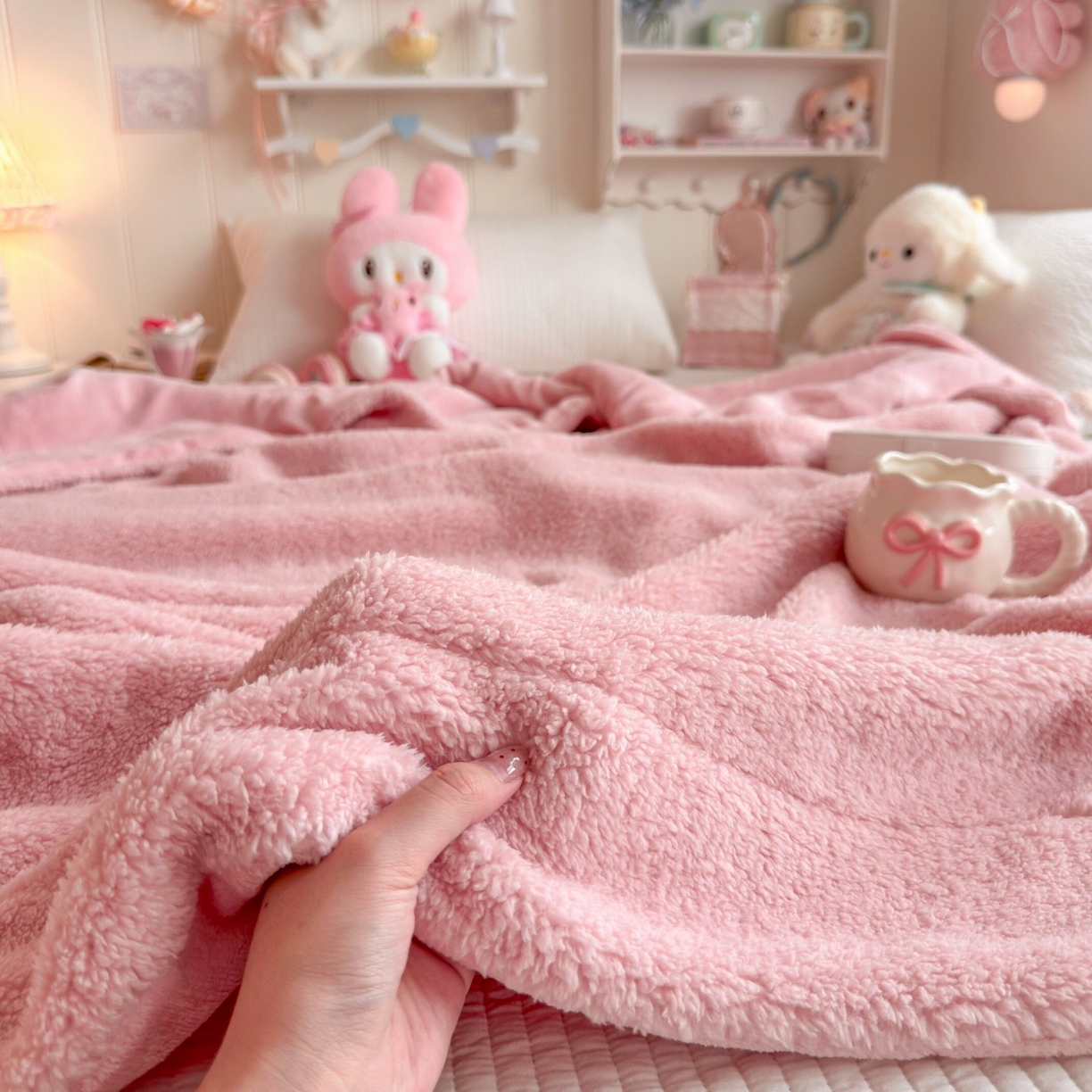 91家纺网 家纺一手货源 找家纺 顾里家纺 2025新款韩系糯叽叽纯色羊羔绒毯毯子 甜莓粉