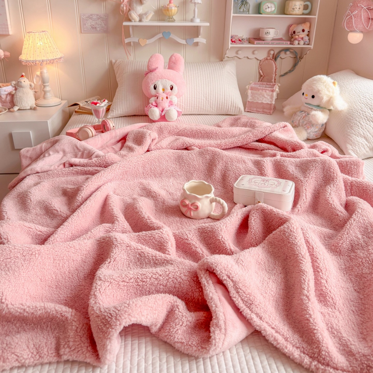 91家纺网 家纺一手货源 找家纺 顾里家纺 2025新款韩系糯叽叽纯色羊羔绒毯毯子 甜莓粉