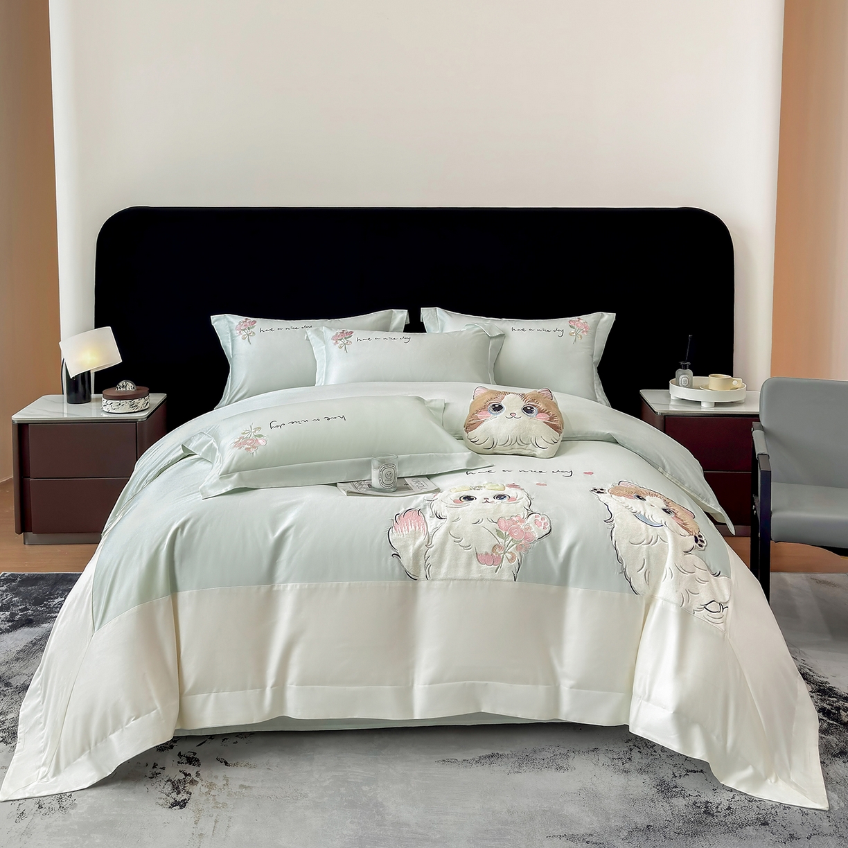 91家纺网 家纺一手货源 找家纺 丞音家纺 2025新款轻奢卡通风A类50s双股100支贡缎长绒棉四件套刺绣全棉被套绣花床笠高档礼盒装 甜蜜日记-清新绿