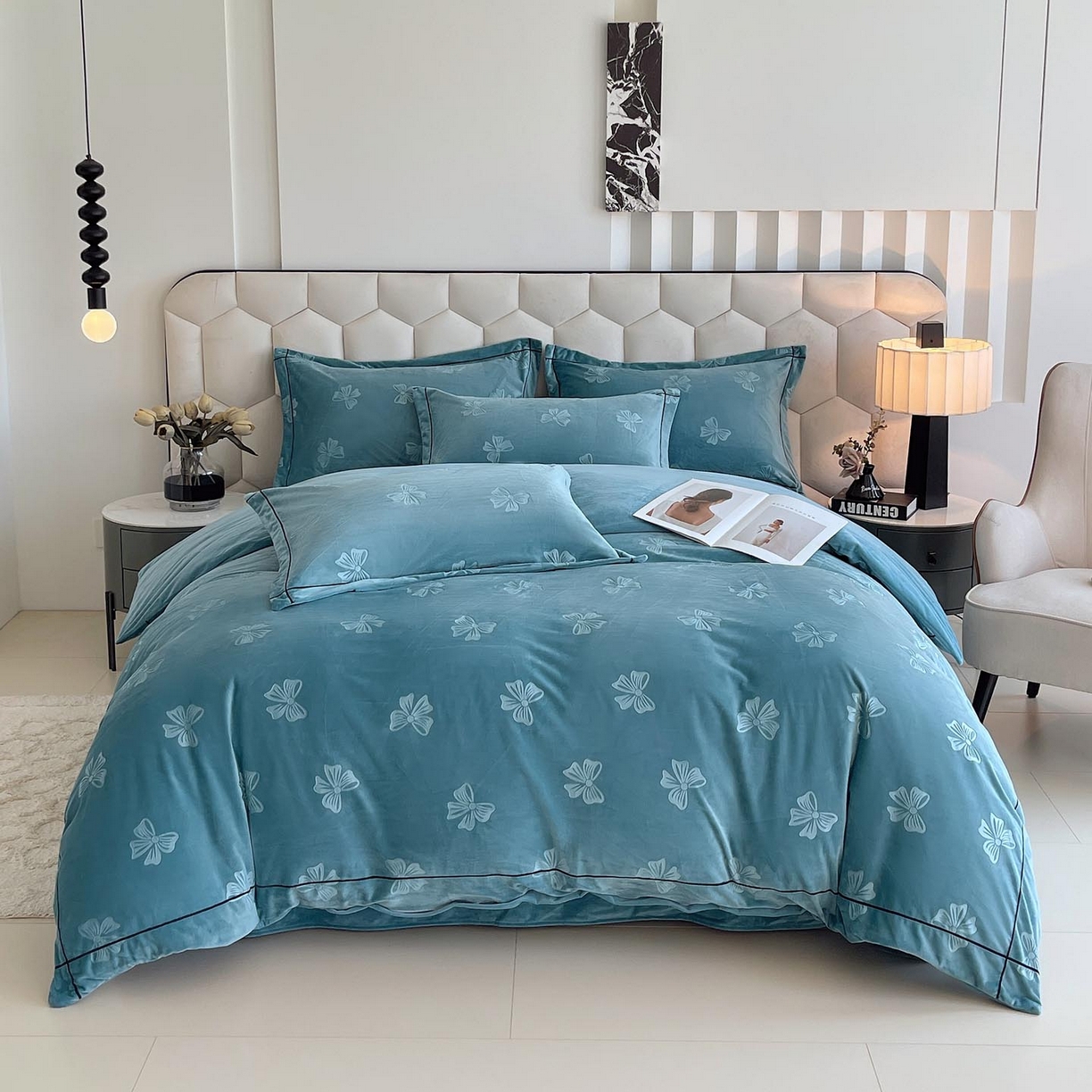 91家纺网 家纺一手货源 找家纺 慕希家纺 2025新款高克重牛奶绒雕花四件套-暮光花园 暮光花园-星月蓝