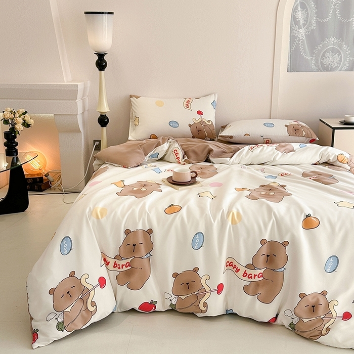 91家纺网 家纺一手货源 找家纺 （总）优迈 2025新款ins风亲肤卡通条格印花水洗棉系列四件套