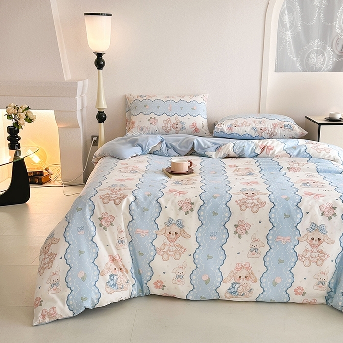 91家纺网 家纺一手货源 找家纺 （总）优迈 2025新款ins风亲肤卡通条格印花水洗棉系列四件套