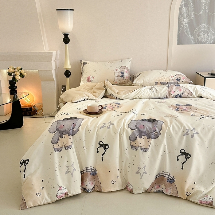 91家纺网 家纺一手货源 找家纺 （总）优迈 2025新款ins风亲肤卡通条格印花水洗棉系列四件套