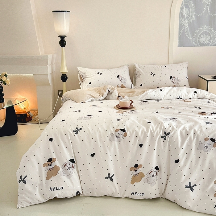 91家纺网 家纺一手货源 找家纺 （总）优迈 2025新款ins风亲肤卡通条格印花水洗棉系列四件套