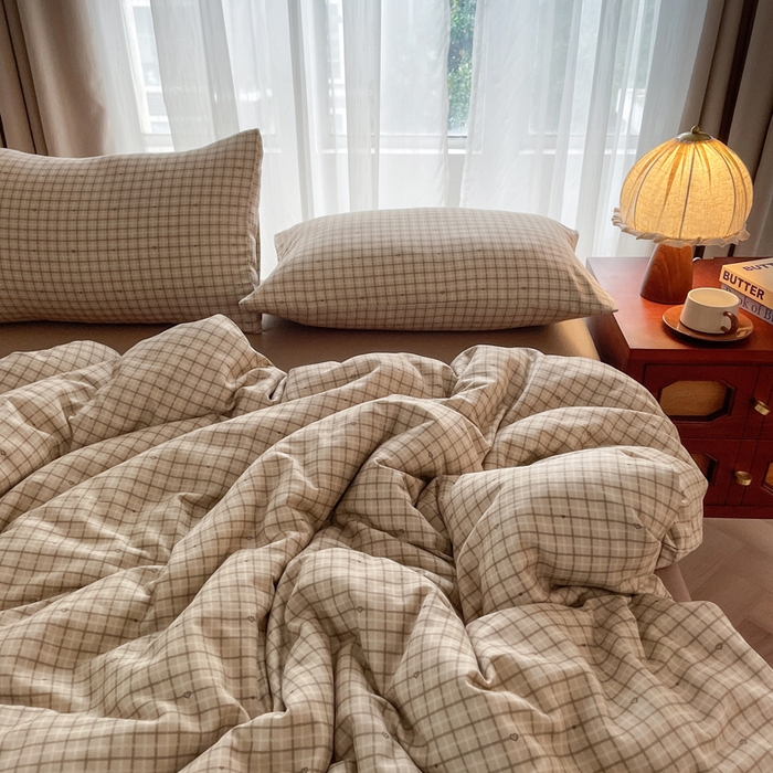 91家纺网 家纺一手货源 找家纺 典曼家纺 2025新款A类母婴级抗菌有氧双层纱亲肤小清新印花三件套四件套 可心咖