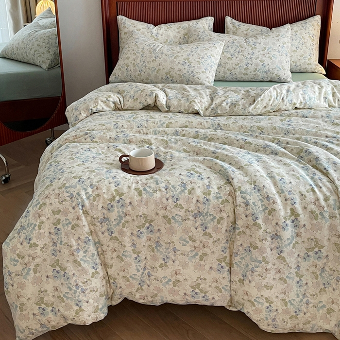 91家纺网 家纺一手货源 找家纺 典曼家纺 2025新款A类母婴级抗菌有氧双层纱亲肤小清新印花三件套四件套 沁香