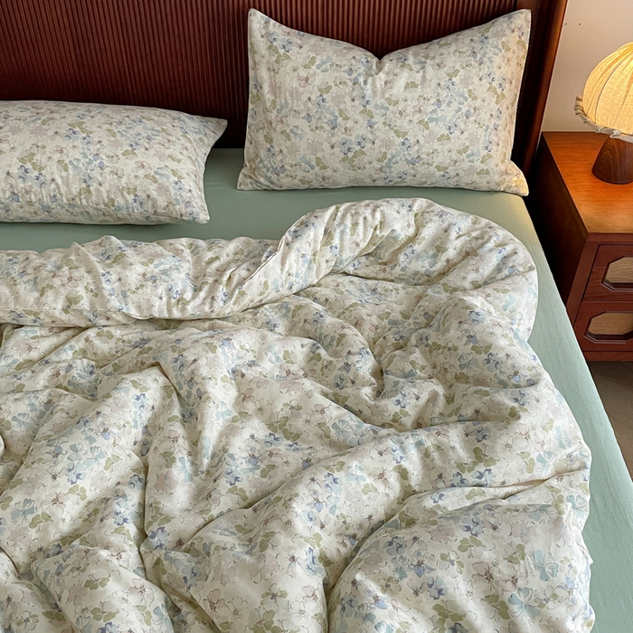 91家纺网 家纺一手货源 找家纺 典曼家纺 2025新款A类母婴级抗菌有氧双层纱亲肤小清新印花三件套四件套 沁香