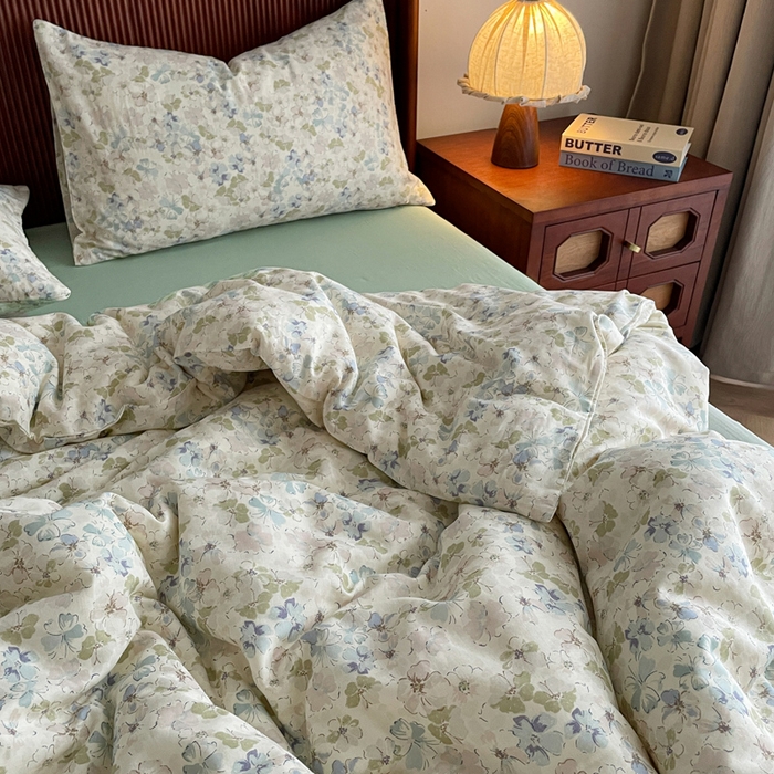 91家纺网 家纺一手货源 找家纺 典曼家纺 2025新款A类母婴级抗菌有氧双层纱亲肤小清新印花三件套四件套 沁香