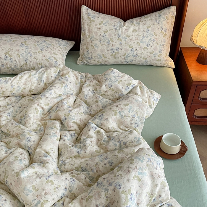 91家纺网 家纺一手货源 找家纺 典曼家纺 2025新款A类母婴级抗菌有氧双层纱亲肤小清新印花三件套四件套 沁香