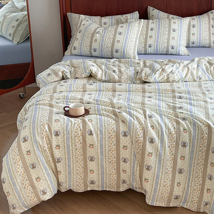 91家纺网 家纺一手货源 找家纺 典曼家纺 2025新款A类母婴级抗菌有氧双层纱亲肤小清新印花三件套四件套 三宅一熊