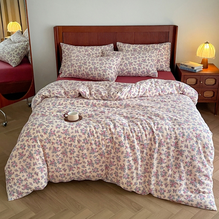 91家纺网 家纺一手货源 找家纺 典曼家纺 2025新款A类母婴级抗菌有氧双层纱亲肤小清新印花三件套四件套 美娜