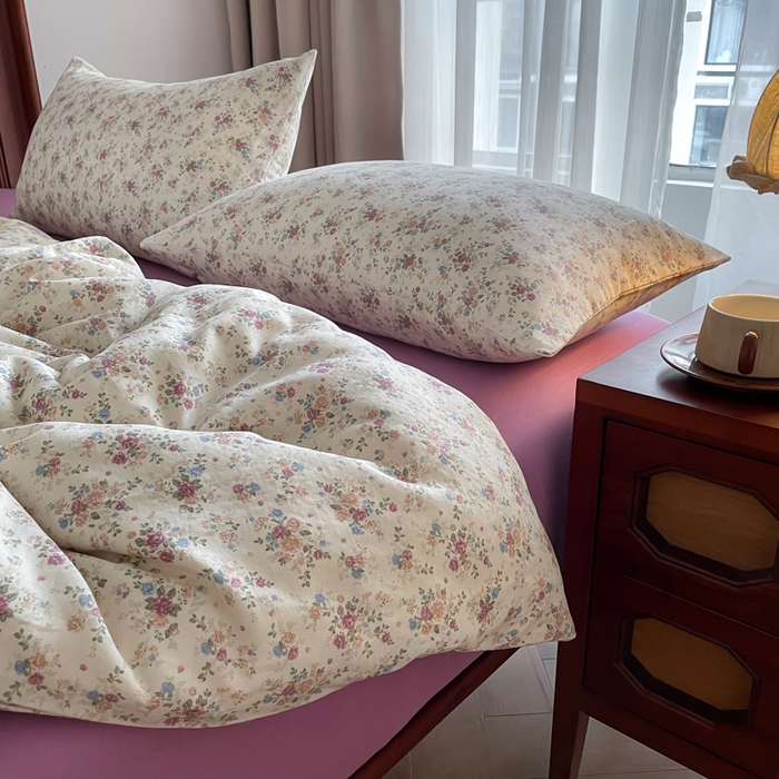 91家纺网 家纺一手货源 找家纺 典曼家纺 2025新款A类母婴级抗菌有氧双层纱亲肤小清新印花三件套四件套 奥黛丽