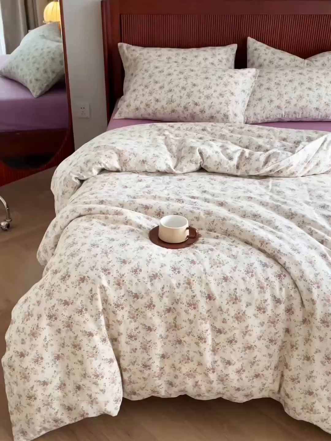 91家纺网 家纺一手货源 找家纺 典曼家纺 2025新款A类母婴级抗菌有氧双层纱亲肤小清新印花三件套四件套 奥黛丽