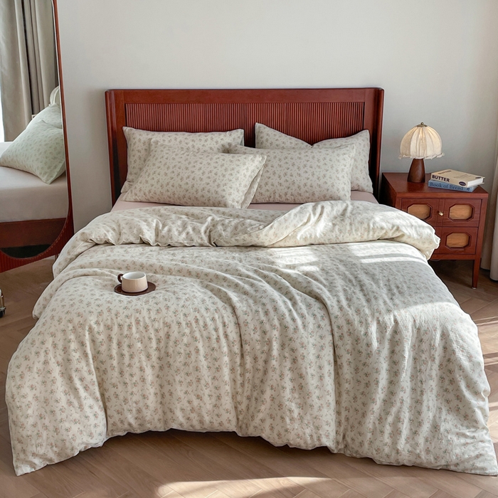 91家纺网 家纺一手货源 找家纺 典曼家纺 2025新款A类母婴级抗菌有氧双层纱亲肤小清新印花三件套四件套 花田错