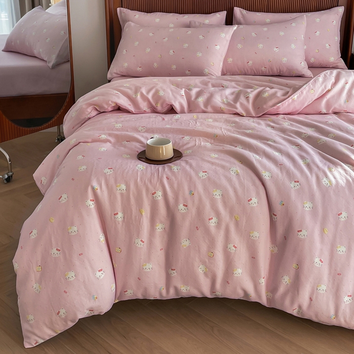 91家纺网 家纺一手货源 找家纺 典曼家纺 2025新款A类母婴级抗菌有氧双层纱亲肤小清新印花三件套四件套 凯蒂猫