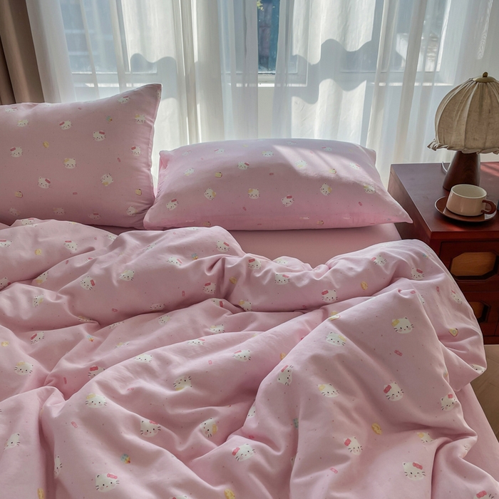 91家纺网 家纺一手货源 找家纺 典曼家纺 2025新款A类母婴级抗菌有氧双层纱亲肤小清新印花三件套四件套 凯蒂猫