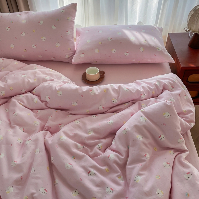 91家纺网 家纺一手货源 找家纺 典曼家纺 2025新款A类母婴级抗菌有氧双层纱亲肤小清新印花三件套四件套 凯蒂猫