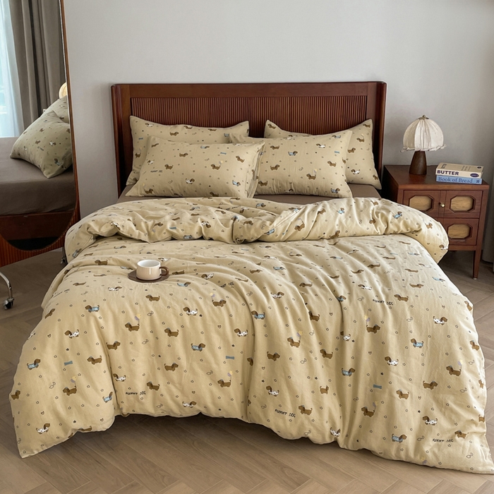 91家纺网 家纺一手货源 找家纺 典曼家纺 2025新款A类母婴级抗菌有氧双层纱亲肤小清新印花三件套四件套 腊肠狗