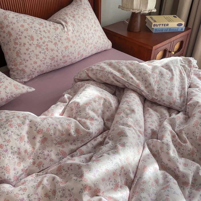 91家纺网 家纺一手货源 找家纺 典曼家纺 2025新款A类母婴级抗菌有氧双层纱亲肤小清新印花三件套四件套 阳春三月