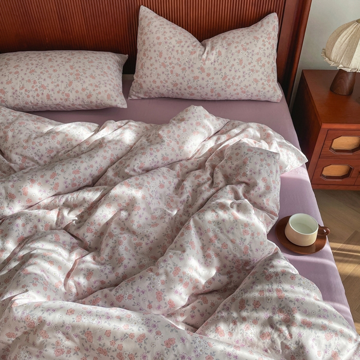 91家纺网 家纺一手货源 找家纺 典曼家纺 2025新款A类母婴级抗菌有氧双层纱亲肤小清新印花三件套四件套 阳春三月