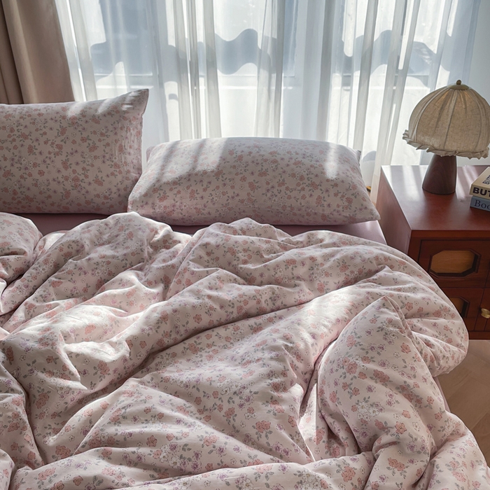 91家纺网 家纺一手货源 找家纺 典曼家纺 2025新款A类母婴级抗菌有氧双层纱亲肤小清新印花三件套四件套 阳春三月