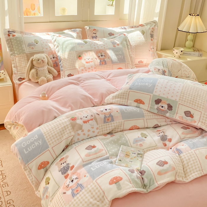 91家纺网 家纺一手货源 找家纺 红日子纺织品 2025新款高克重牛奶绒印花四件套 动物派对