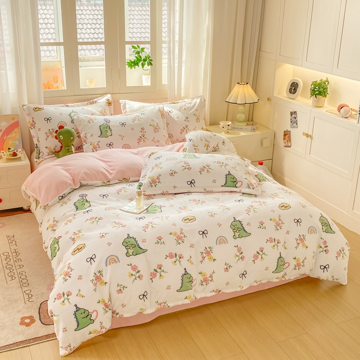 91家纺网 家纺一手货源 找家纺 红日子纺织品 2025新款高克重牛奶绒印花四件套 花儿与龙