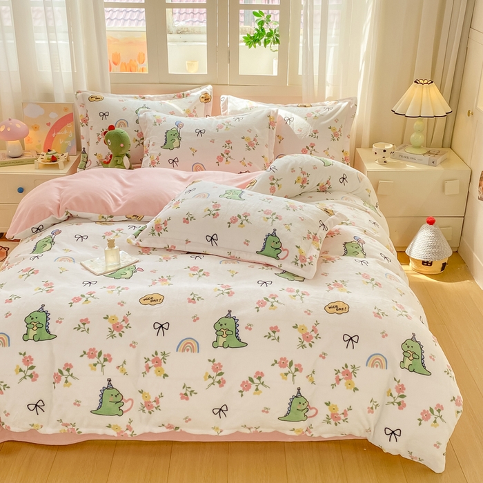 91家纺网 家纺一手货源 找家纺 红日子纺织品 2025新款高克重牛奶绒印花四件套 花儿与龙