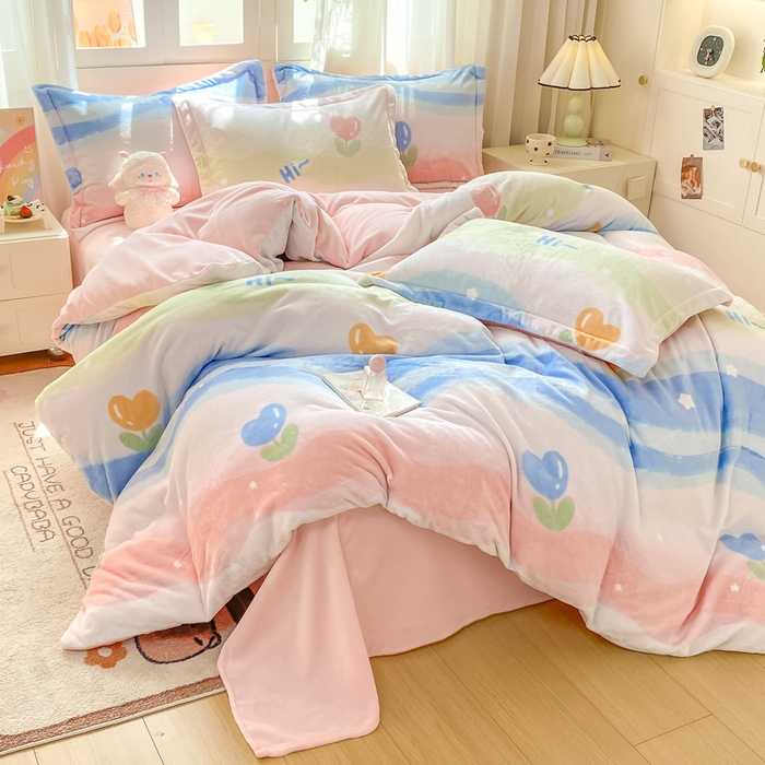 91家纺网 家纺一手货源 找家纺 红日子纺织品 2025新款高克重牛奶绒印花四件套 花海