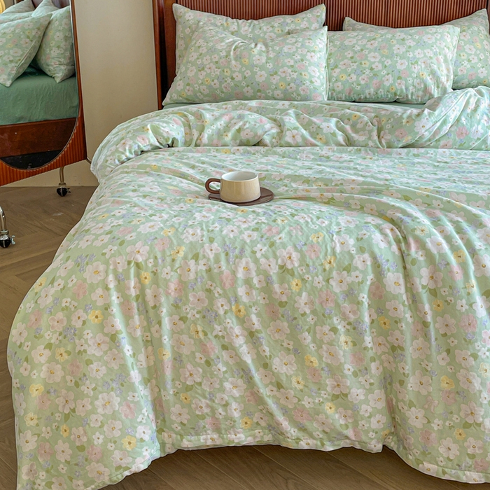 91家纺网 家纺一手货源 找家纺 典曼家纺 2025新款A类母婴级抗菌有氧双层纱亲肤小清新印花三件套四件套 初夏