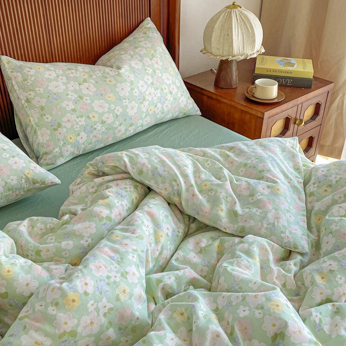 91家纺网 家纺一手货源 找家纺 典曼家纺 2025新款A类母婴级抗菌有氧双层纱亲肤小清新印花三件套四件套 初夏