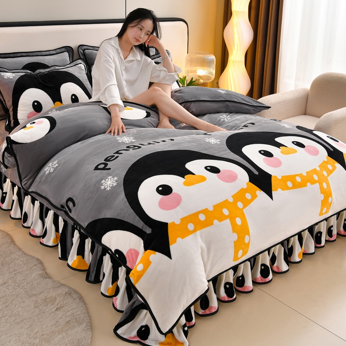 91家纺网 家纺一手货源 找家纺 新8.5-9.5斤法莱绒四件套珊瑚牛奶金貂绒四件套床裙