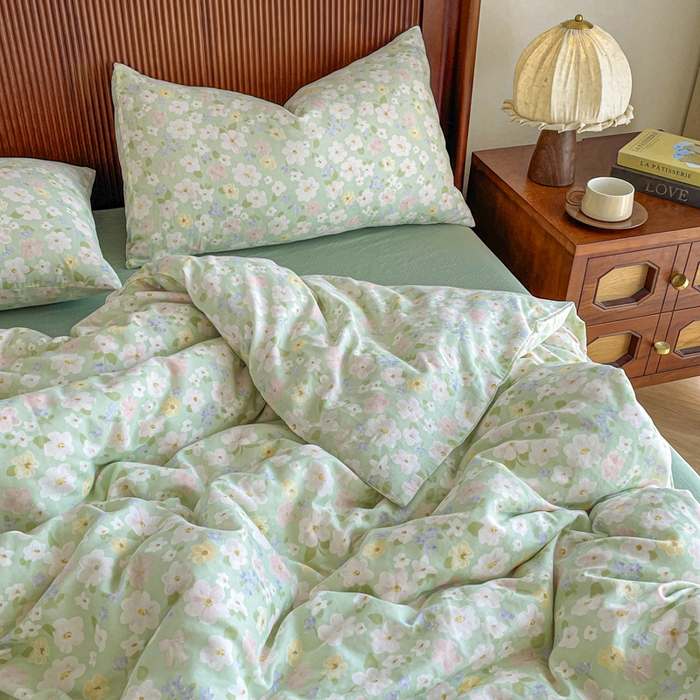 91家纺网 家纺一手货源 找家纺 典曼家纺 2025新款A类母婴级抗菌有氧双层纱亲肤小清新印花三件套四件套 初夏