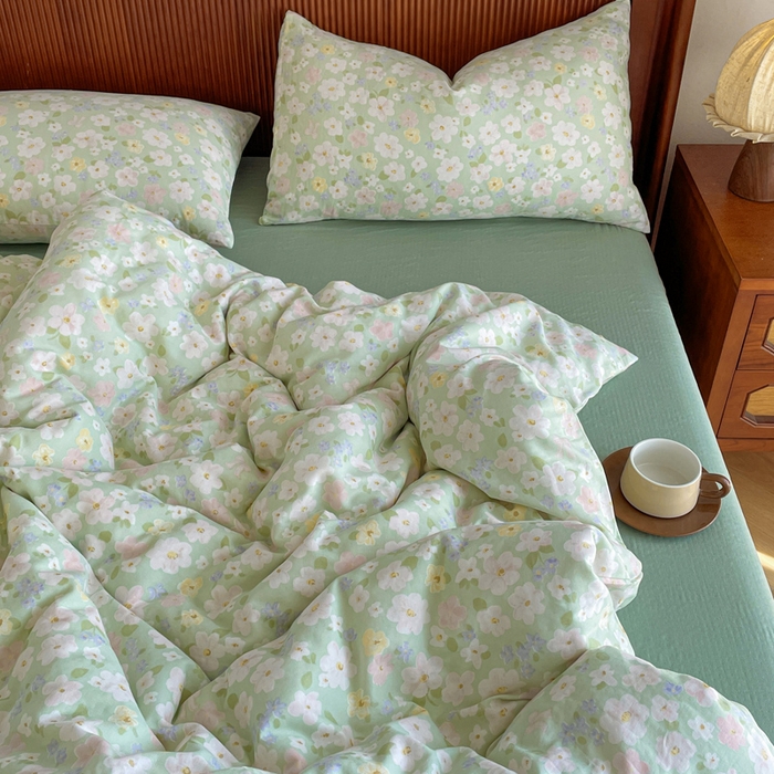 91家纺网 家纺一手货源 找家纺 典曼家纺 2025新款A类母婴级抗菌有氧双层纱亲肤小清新印花三件套四件套 初夏