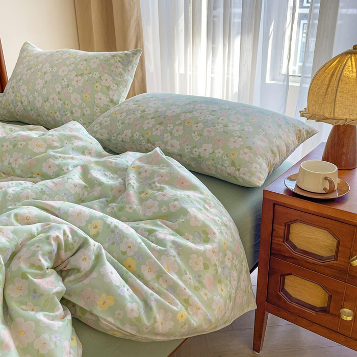 91家纺网 家纺一手货源 找家纺 典曼家纺 2025新款A类母婴级抗菌有氧双层纱亲肤小清新印花三件套四件套 初夏