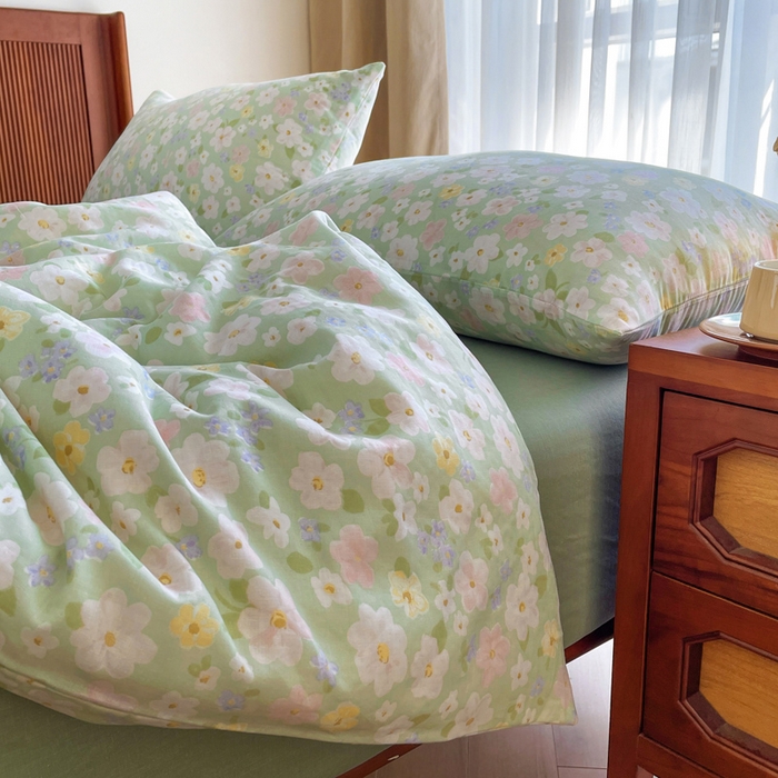 91家纺网 家纺一手货源 找家纺 典曼家纺 2025新款A类母婴级抗菌有氧双层纱亲肤小清新印花三件套四件套 初夏