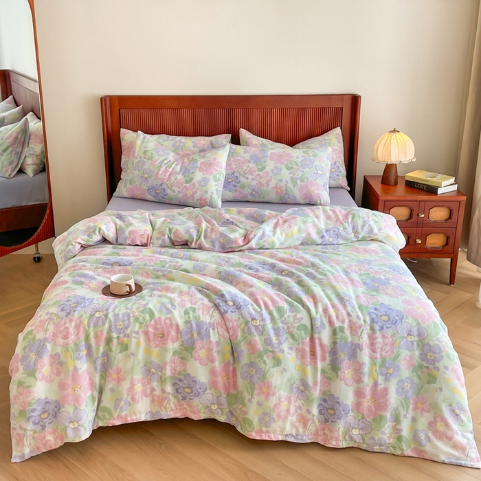 91家纺网 家纺一手货源 找家纺 典曼家纺 2025新款A类母婴级抗菌有氧双层纱亲肤小清新印花三件套四件套 春天里