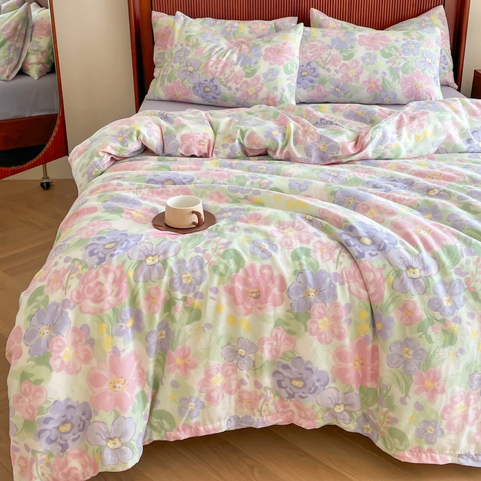 91家纺网 家纺一手货源 找家纺 典曼家纺 2025新款A类母婴级抗菌有氧双层纱亲肤小清新印花三件套四件套 春天里