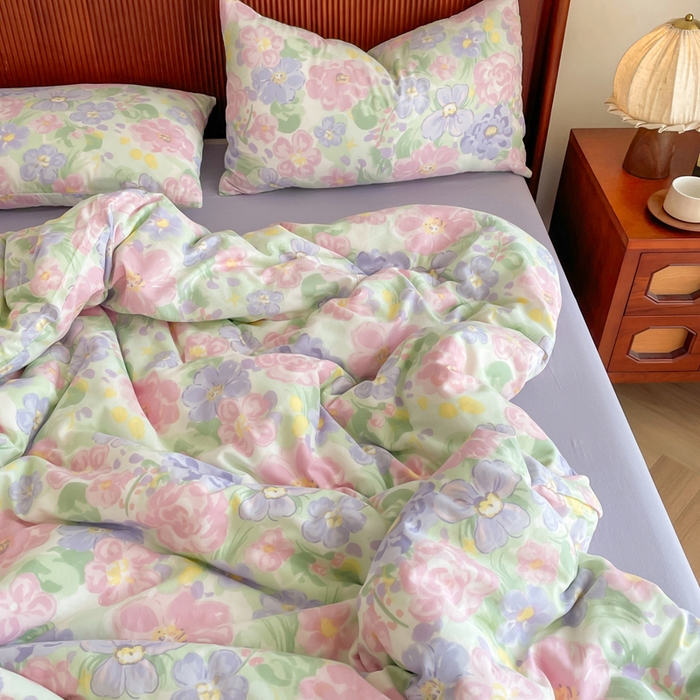 91家纺网 家纺一手货源 找家纺 典曼家纺 2025新款A类母婴级抗菌有氧双层纱亲肤小清新印花三件套四件套 春天里