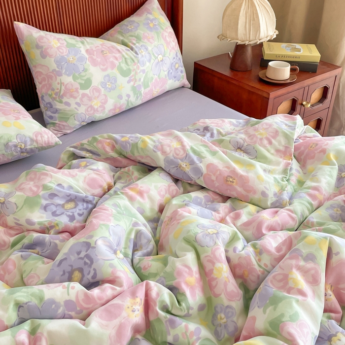 91家纺网 家纺一手货源 找家纺 典曼家纺 2025新款A类母婴级抗菌有氧双层纱亲肤小清新印花三件套四件套 春天里