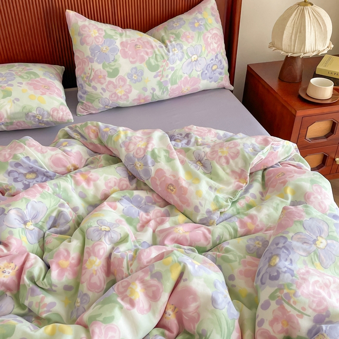 91家纺网 家纺一手货源 找家纺 典曼家纺 2025新款A类母婴级抗菌有氧双层纱亲肤小清新印花三件套四件套 春天里