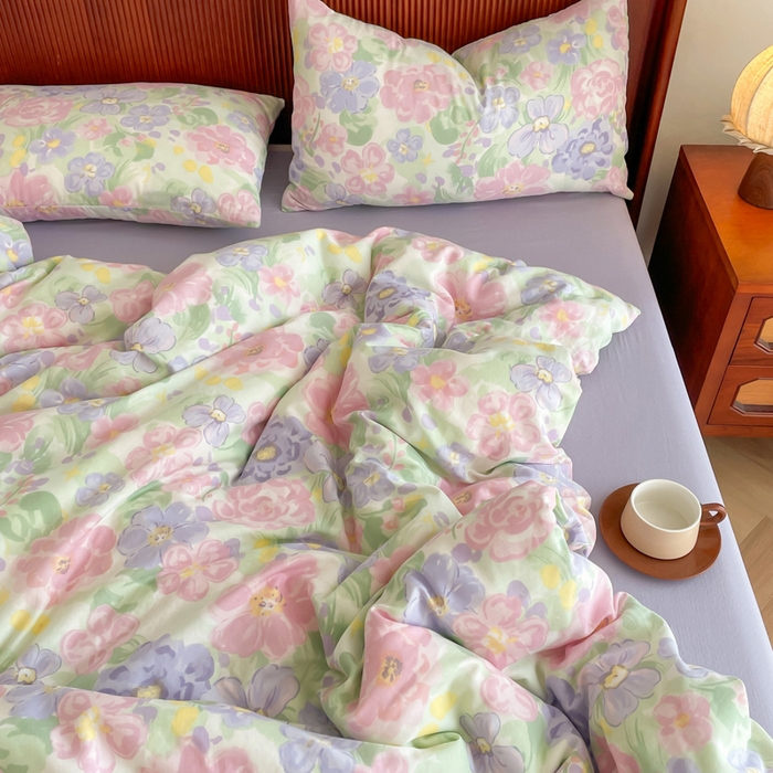 91家纺网 家纺一手货源 找家纺 典曼家纺 2025新款A类母婴级抗菌有氧双层纱亲肤小清新印花三件套四件套 春天里