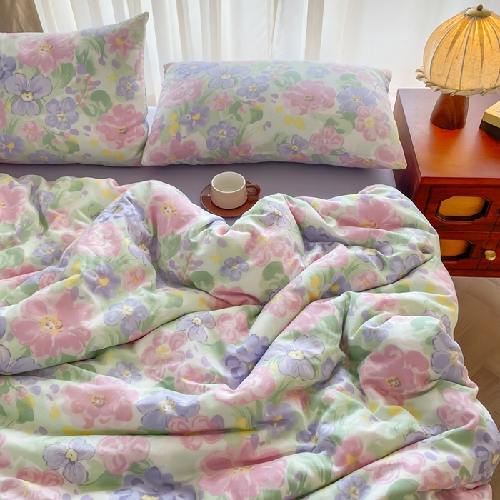 91家纺网 家纺一手货源 找家纺 典曼家纺 2025新款A类母婴级抗菌有氧双层纱亲肤小清新印花三件套四件套 春天里