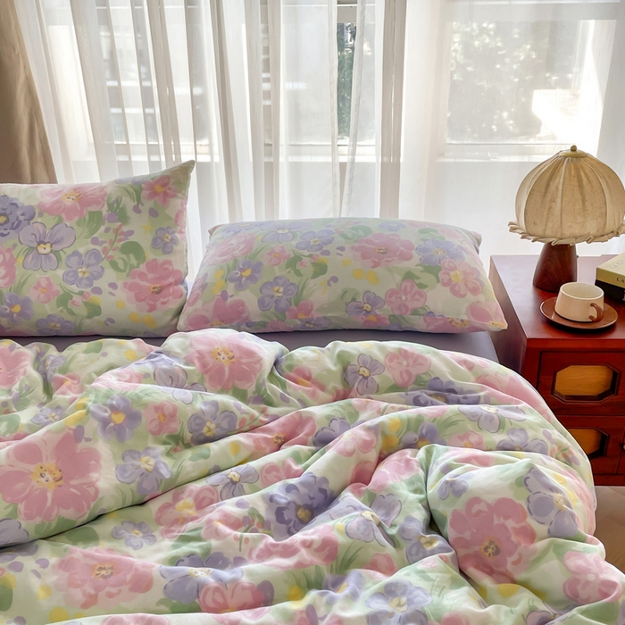 91家纺网 家纺一手货源 找家纺 典曼家纺 2025新款A类母婴级抗菌有氧双层纱亲肤小清新印花三件套四件套 春天里