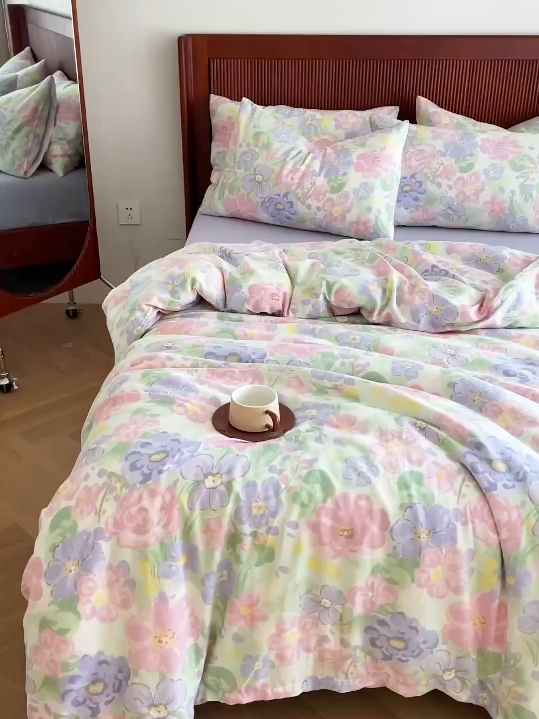 91家纺网 家纺一手货源 找家纺 典曼家纺 2025新款A类母婴级抗菌有氧双层纱亲肤小清新印花三件套四件套 春天里