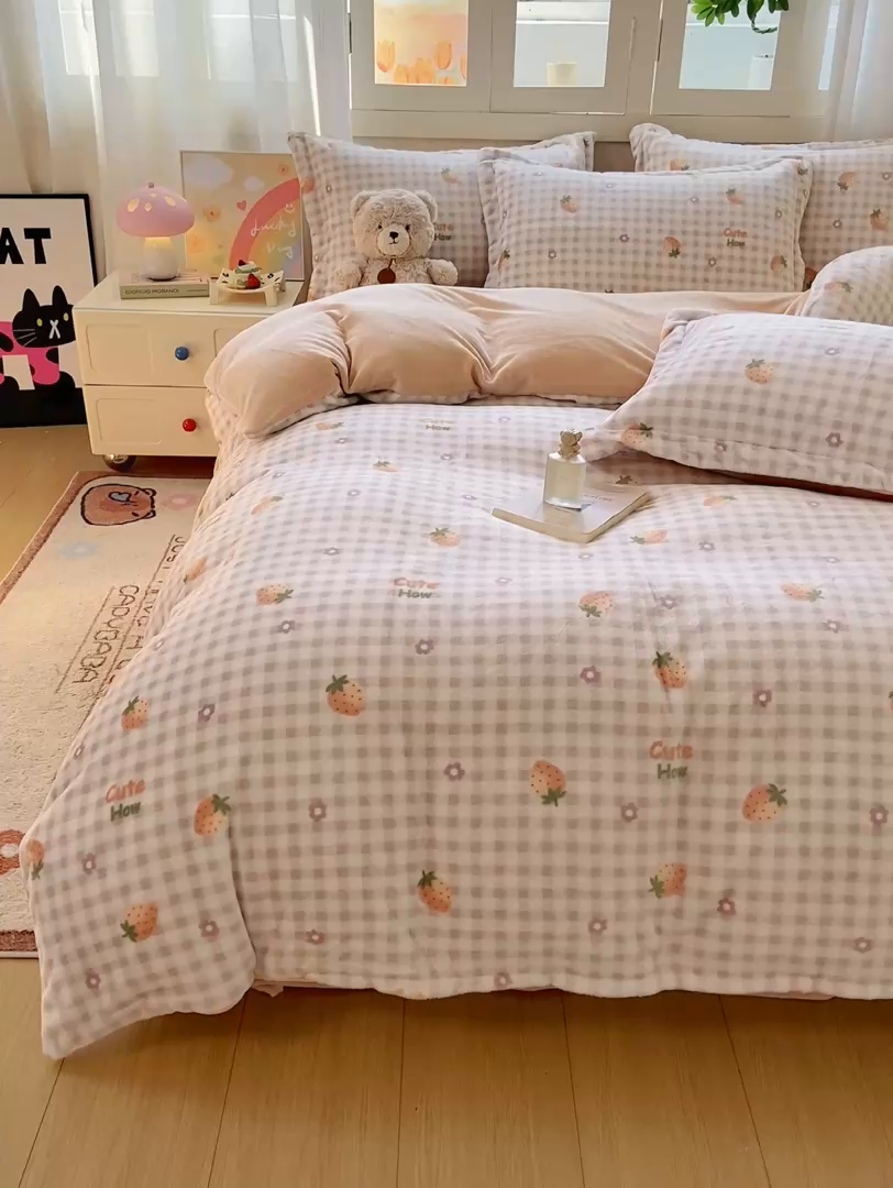 91家纺网 家纺一手货源 找家纺 红日子纺织品 2025新款高克重牛奶绒印花四件套 可爱草莓