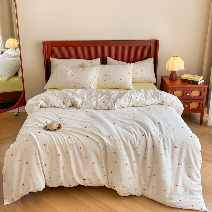 91家纺网 家纺一手货源 找家纺 典曼家纺 2025新款A类母婴级抗菌有氧双层纱亲肤小清新印花三件套四件套 七彩樱桃